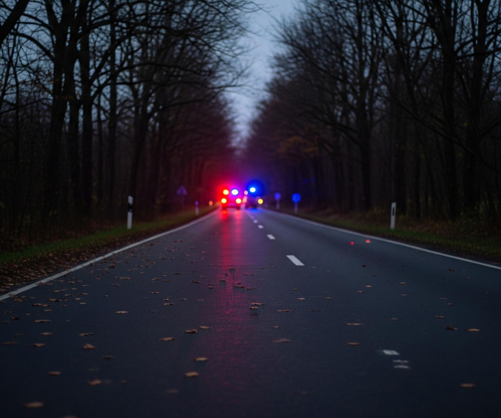 Ciemna, asfaltowa droga biegnie prosto przez środek kadru, z lekko widoczną białą linią ciągłą po prawej stronie i przerywaną linią na środku. Na nawierzchni rozsypane są liczne brązowe, suche liście. Po obu stronach drogi rosną gęste, wysokie drzewa z nagimi gałęziami, tworząc ciemny korytarz. W oddali, w tle, widoczne są intensywnie czerwone i niebieskie światła, prawdopodobnie pochodzące z pojazdu, odbijające się od mokrej nawierzchni jezdni. Całość oświetla szare, zachmurzone niebo.