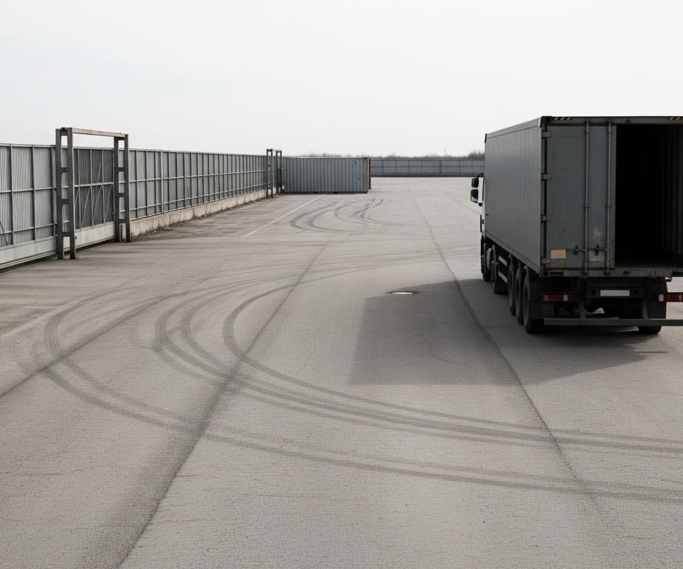 Szary samochód ciężarowy z otwartą tylną naczepą stoi na rozległym, betonowym placu. Lewą stronę kadru zajmuje długie, metalowe ogrodzenie z pionowymi panelami i betonową podstawą, zakończone bramą, której metalowe słupki są widoczne. Na betonowym podłożu placu widoczne są ślady opon, a w tle widać szereg kontenerów transportowych w różnych odcieniach szarości i brązu, ustawionych pod horyzontem z linią nagich drzew. Niebo jest jasne i jednolite, bez chmur.