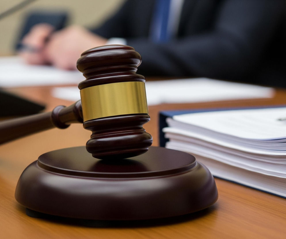 Centralne miejsce na drewnianym blacie zajmuje brązowy drewniany młotek sędziego z poziomym, złotym paskiem na główce, spoczywający na swojej okrągłej podstawce. Po prawej stronie młotka widoczny jest otwarty, granatowy segregator, wypełniony grubą warstwą białych kartek papieru. W tle, częściowo rozmazana, widoczna jest postać osoby w ciemnym garniturze i niebieskim krawacie, piszącej na papierze, a także czarny mikrofon na giętkim ramieniu.