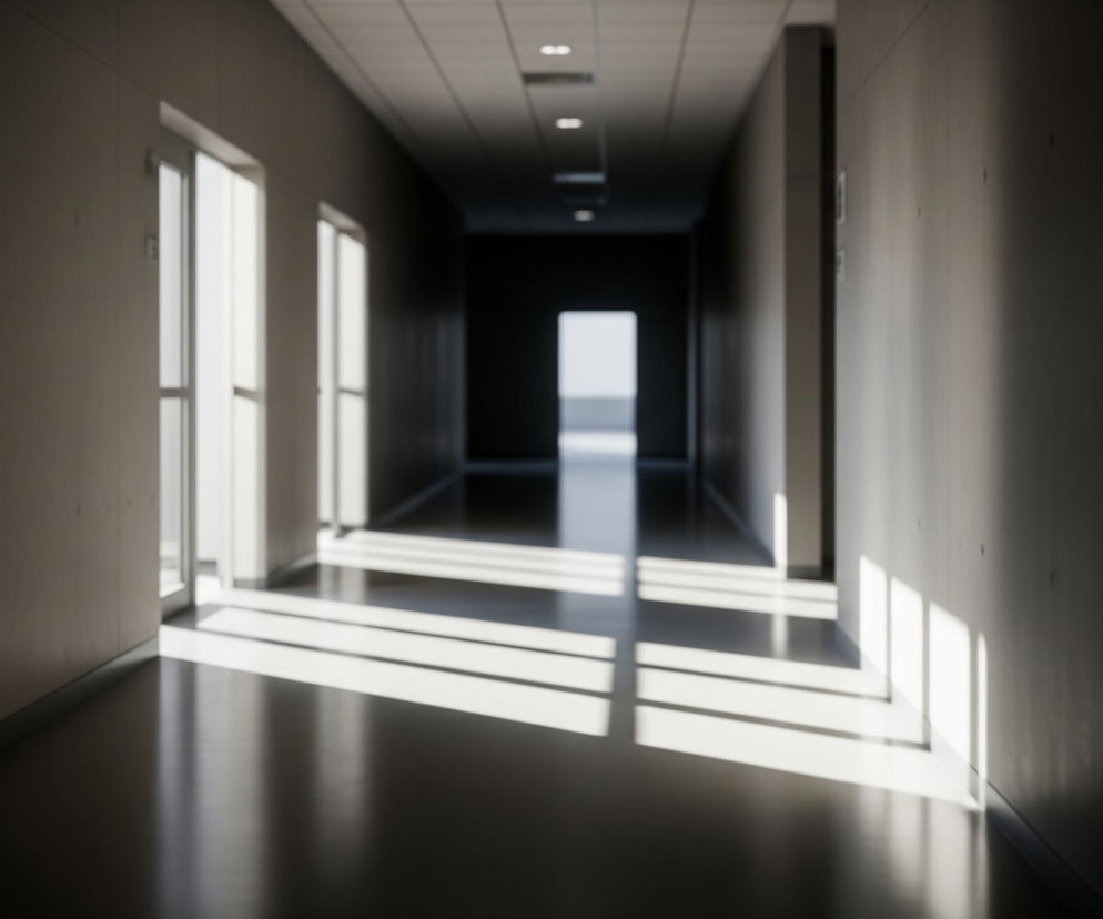 Długi korytarz z surowymi, betonowymi ścianami rozciąga się w głąb, tworząc perspektywę zbiegającą się ku odległemu, jasnemu prostokątnemu otworowi. Po lewej stronie znajdują się dwa duże, białe otwory okienne lub drzwiowe, przez które wpada intensywne światło, rzucając na podłogę geometryczne pasy cienia i jasności. Sufit korytarza jest jasny, z widocznymi prostokątnymi panelami i wbudowanymi, punktowymi źródłami światła, natomiast podłoga jest ciemna i lśniąca, odbijająca padające światło. Prawa ściana korytarza jest w większości zacieniona, z delikatnymi refleksami światła wpadającego z lewej strony, dodając głębi scenie.