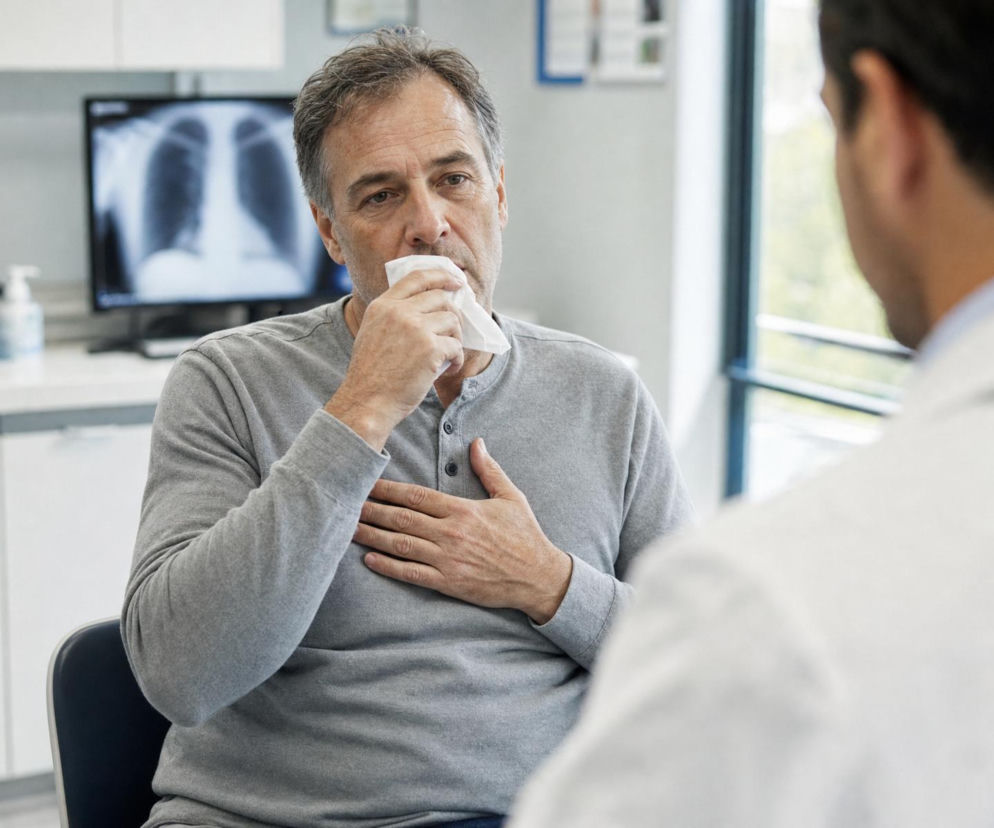 Mężczyzna kaszlący w chusteczkę podczas wizyty u lekarza. W tle RTG płuc. O diagnostyce kaszlu przeczytasz na Poradnik Zdrowie.
