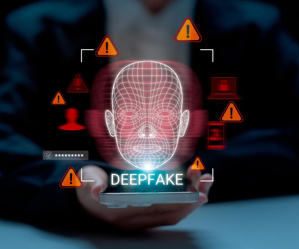 Hologram głowy i napisu deepfake nad smartfonem. O nowym narzędziu NASK do walki z oszustwami czytaj w SE Superbiz.