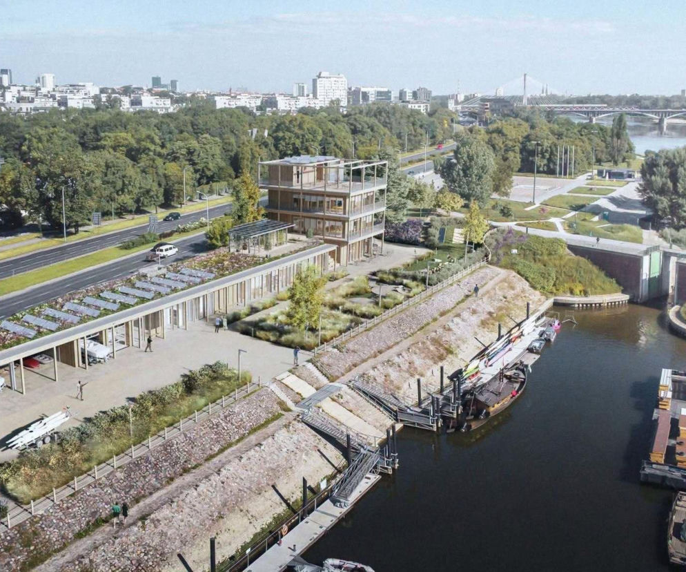 Wizualizacja nowego bosmanatu w Porcie Czerniakowskim z zielonym dachem i tarasem. O projekcie przeczytasz w serwisie Architektura.