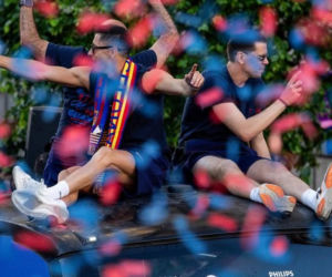 Robert Lewandowski i Wojciech Szczęsny na fecie Barcelony