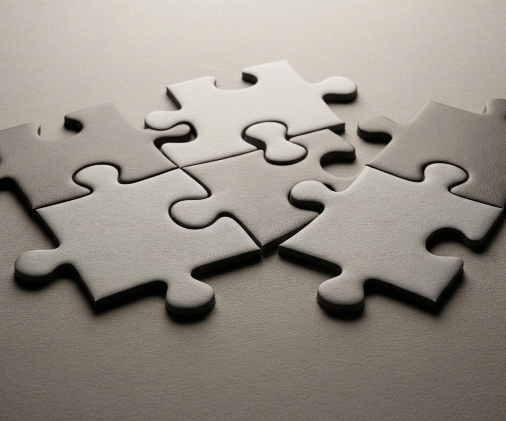 Pięć elementów puzzli ułożonych jest na teksturowanej powierzchni. Cztery z nich tworzą centralny kwadrat, a piąty element łączy się z nim u góry, tworząc figurę przypominającą plus. Elementy mają kształt puzzli, z charakterystycznymi wypustkami i wcięciami, które idealnie do siebie pasują. Całość utrzymana jest w stonowanych odcieniach szarości, z subtelnymi przejściami tonalnymi, które podkreślają trójwymiarowość i rzucają delikatne cienie.