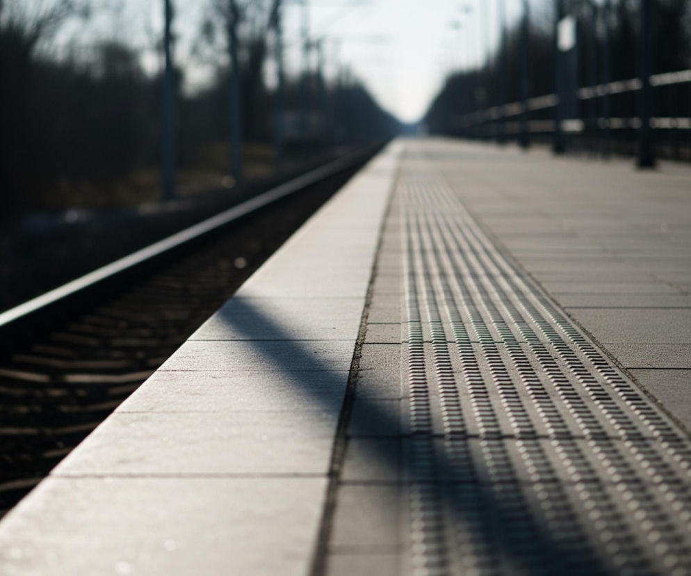 Na pierwszym planie widoczny jest szary peron stacji kolejowej, podzielony na pasy płyt chodnikowych. Wzdłuż peronu, po lewej stronie, przebiega tor kolejowy z metalowymi szynami lśniącymi w słońcu. Po prawej stronie peronu widoczne są fragmenty ciemnych, metalowych balustrad i słupów, a także zarys ławki, wszystko rozmyte w oddali. Horyzont na tle jasnego nieba wypełniają niewyraźne, ciemne sylwetki drzew, również rozmyte.
