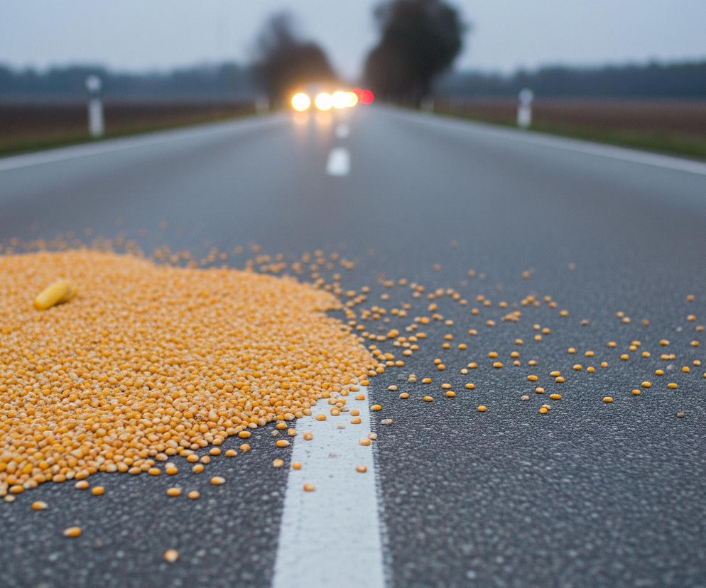 Na pierwszym planie, po lewej stronie drogi, widać rozsypane ziarna kukurydzy tworzące dużą, nieregularną plamę o żółto-pomarańczowym zabarwieniu, z pojedynczymi ziarnami rozsypanymi dalej na asfalt. Przez środek obrazu biegnie szara, asfaltowa droga z białą, przerywaną linią centralną, która rozciąga się w głąb kadru. W tle, na końcu drogi, widoczne są rozmazane światła nadjeżdżających pojazdów, świecące jasnożółtym i czerwonym światłem, a także niewyraźne sylwetki drzew i pola po obu stronach drogi pod zachmurzonym, szarawym niebem.