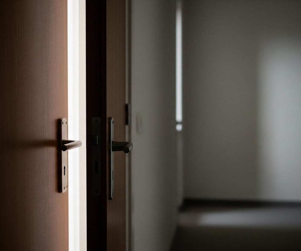 Częściowo otwarte drewniane drzwi w jasnobrązowym kolorze, z matową, fakturowaną powierzchnią. Po lewej stronie widoczna jest klamka i otwór na klucz, wykonane z ciemnego metalu. Między otwartymi drzwiami widać pionową szczelinę intensywnego, jasnego światła, kontrastującego z ciemnym wnętrzem pomieszczenia, w którym jest sfotografowana ściana i podłoga, zlewające się w szarość. Po prawej stronie, poza otwartymi drzwiami, znajduje się drugie, ciemniejsze skrzydło drzwi, również z widoczną metalową klamką, oraz ciemny korytarz lub wnętrze innego pokoju, gdzie światło jest znacznie przygaszone, tworząc głębokie cienie.