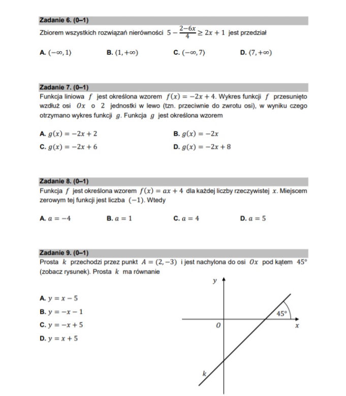 Matura poprawkowa z matematyki 2021 - zadania zamknięte 6-9 (1 punkt)