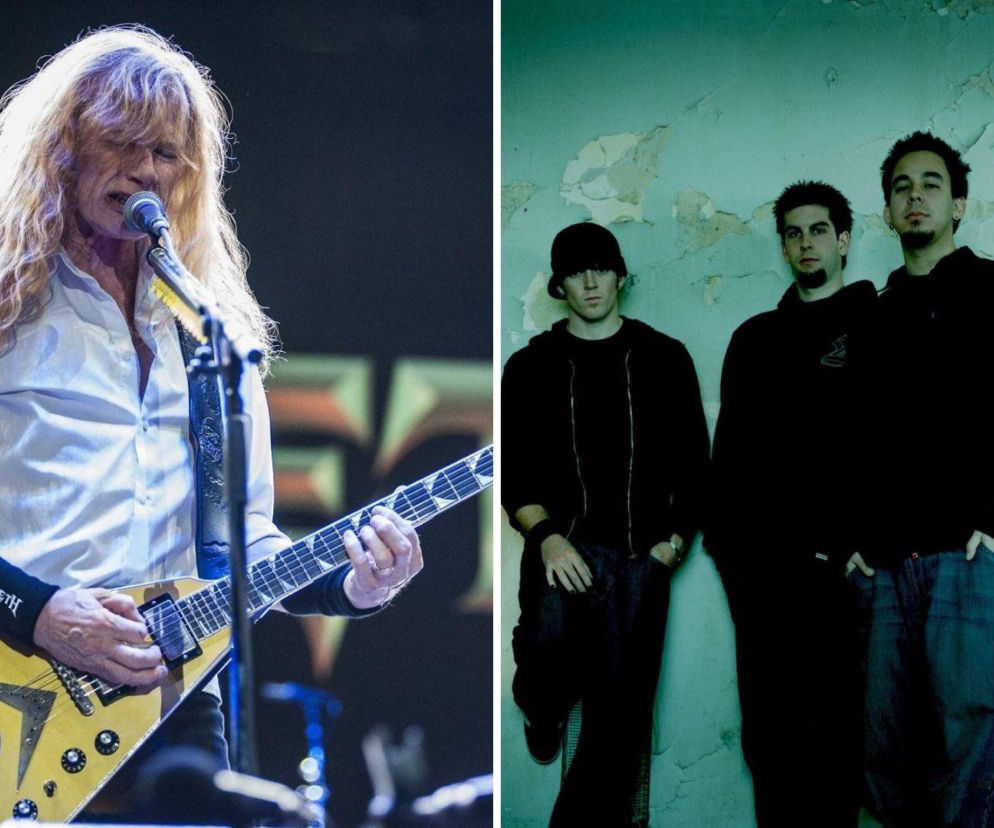 Dave Mustaine gra na gitarze na scenie. Obok zdjęcie zespołu Linkin Park. O ich konflikcie przeczytasz na EskaRock.