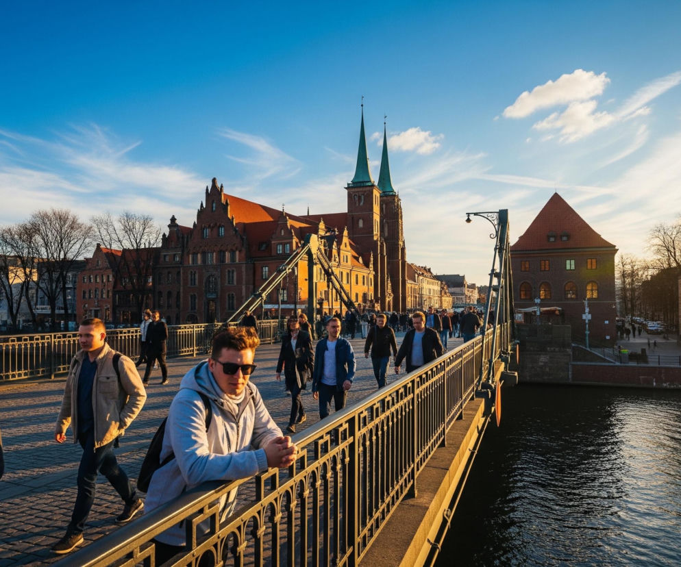 Grupa ludzi idzie po szerokim moście, którego metalowe barierki są widoczne po prawej stronie. Promienie słońca, padające z prawej strony kadru, oświetlają postacie i konstrukcję mostu, tworząc długie cienie na brukowanej nawierzchni. W tle, za rzeką, dominują zabytkowe budynki z czerwonymi dachami i spiczastymi wieżami, a po prawej stronie widać jednopiętrowy budynek z dwoma okrągłymi oknami i trójkątnym dachem. Niebo jest intensywnie niebieskie z delikatnymi białymi chmurami, a w prawym górnym rogu widoczna jest jasna poświata zachodzącego lub wschodzącego słońca.