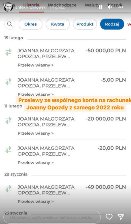 Antek Królikowski i Joanna Opozda - bankowe transakcje