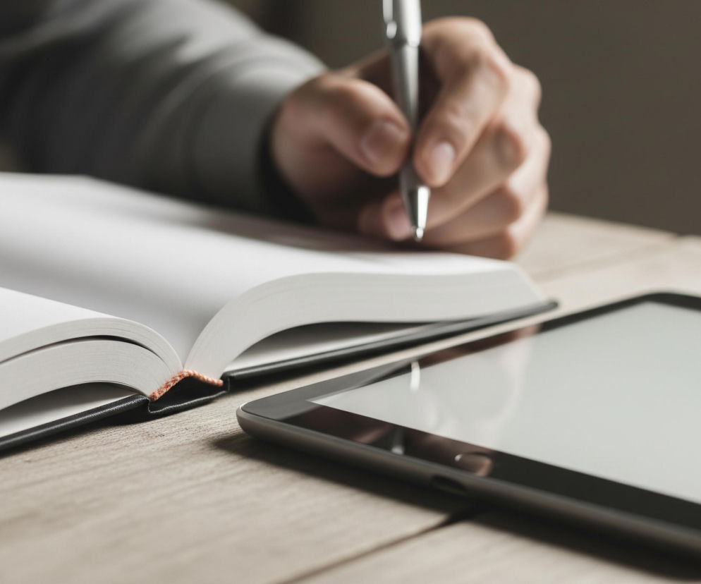 Otwarty notes z pustymi, białymi stronami leży na jasnym, drewnianym blacie. Po lewej stronie górnej części obrazu widoczna jest męska dłoń w szarej koszuli, trzymająca srebrny długopis i pisząca po pustej stronie notesu. Po prawej, nieco poniżej notesu, leży czarny tablet z jasnym, odbijającym światło ekranem. Całość oświetlona jest od góry, tworząc miękkie cienie i podkreślając teksturę drewna.