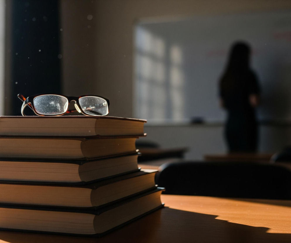 Okulary leżące na stosie książek na drewnianym biurku w szkolnej klasie. W tle widać niewyraźną postać nauczyciela stojącego przy tablicy, symbolizującą wyzwania w edukacji i debatę o statusie nauczycieli. Więcej na Super Biznes.
