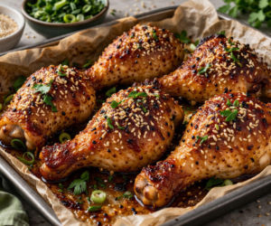 Kurczak pieczony w maślance z miso i miodem – soczysty w środku, z chrupiącą skórką sezamową