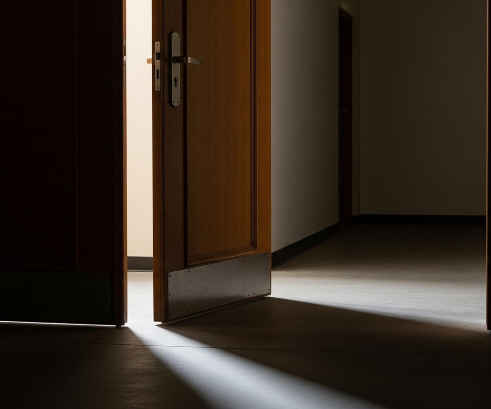 Lekko uchylone drewniane drzwi z metalową klamką i tarczą zamka tworzą pionową smugę jasnego światła pomiędzy ciemną framugą po lewej a otwartą przestrzenią po prawej. Promień światła rzuca wyraźny, trójkątny cień na ciemną podłogę, wskazując drogę do rozświetlonego wnętrza za drzwiami. Dalsza część pomieszczenia, widoczna przez przerwę w drzwiach, również jest jasno oświetlona, kontrastując z niemal całkowicie ciemnym otoczeniem po prawej stronie kadru.