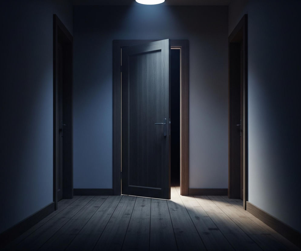 Ciemny korytarz z trzema drzwiami. Środkowe drzwi, w kolorze ciemnego drewna z metalową klamką, są lekko uchylone, ukazując jasne światło padające z wnętrza pokoju na drewnianą podłogę. Nad uchylonymi drzwiami znajduje się okrągłe, białe źródło światła, rzucające smugę jasnego, niebieskawego światła w dół. Boczne drzwi, po lewej i prawej stronie, pozostają zamknięte i częściowo ukryte w głębokim cieniu, jedynie ich drewniane ramy są słabo widoczne.