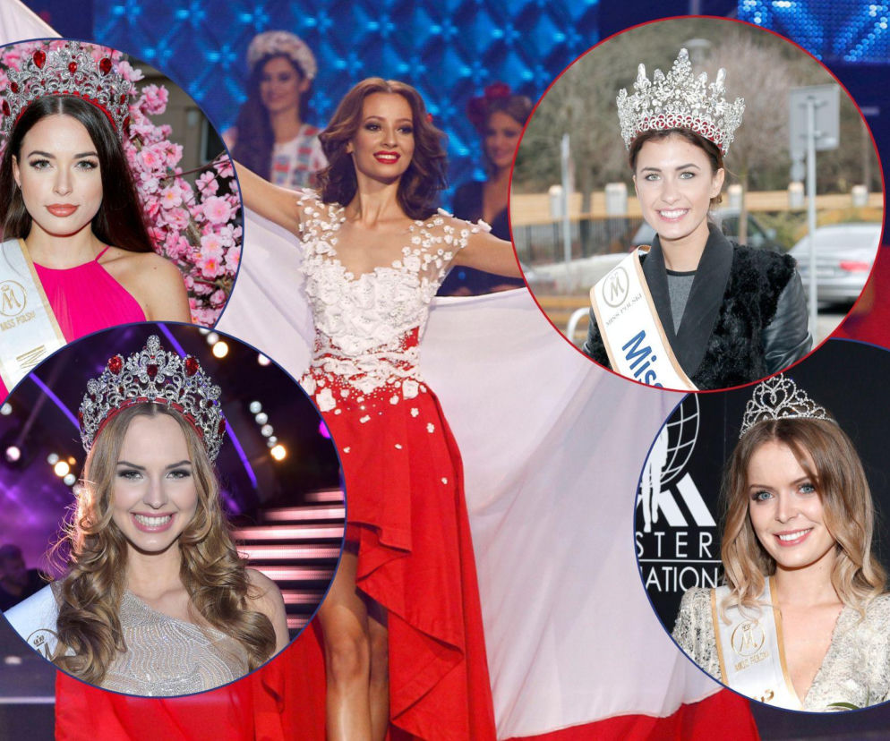 Miss Polski w czerwono-białej sukni na scenie. Obok winiety z portretami innych laureatek. O konkursie przeczytasz na SE.