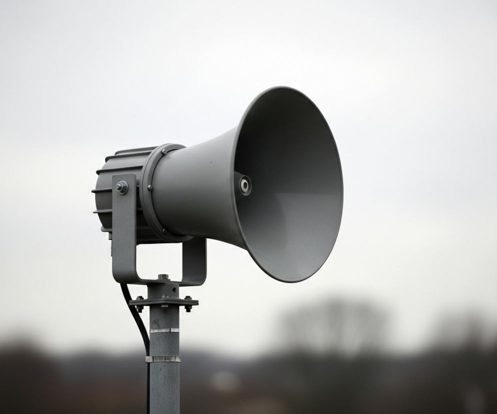 Centralnie na obrazie znajduje się szary megafon lub głośnik tubowy, skierowany w prawo. Urządzenie jest zamocowane na pionowej, szarej rurze za pomocą metalowego uchwytu i śrub. W dolnej części rury widoczny jest czarny kabel przymocowany dwoma metalowymi opaskami. Tło stanowi jasne, zachmurzone niebo w górnej części oraz rozmazany, ciemny pas drzew i krzewów na horyzoncie.