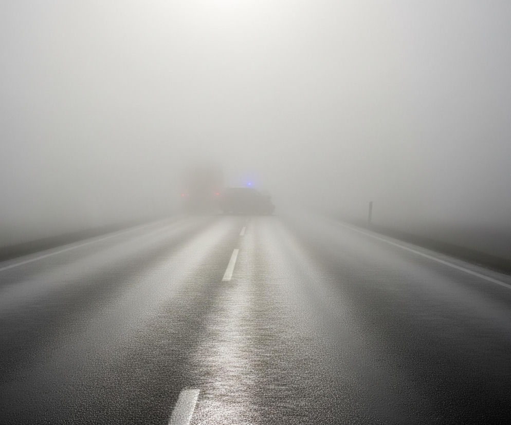 Długa, pusta droga asfaltowa z białymi pasami rozciąga się w głąb obrazu, gdzie na horyzoncie widoczny jest niewyraźny zarys pojazdu z włączonymi, niebieskimi i czerwonymi światłami awaryjnymi. Całość spowita jest gęstą, białą mgłą, która wypełnia większą część kadru, ograniczając widoczność. Asfalt jest mokry, odbijając światło, które przenika przez mgłę z górnej części zdjęcia, tworząc jasne smugi i podkreślając fakturę nawierzchni. Po obu stronach drogi znikają w bieli niewyraźne zarysy pobocza.