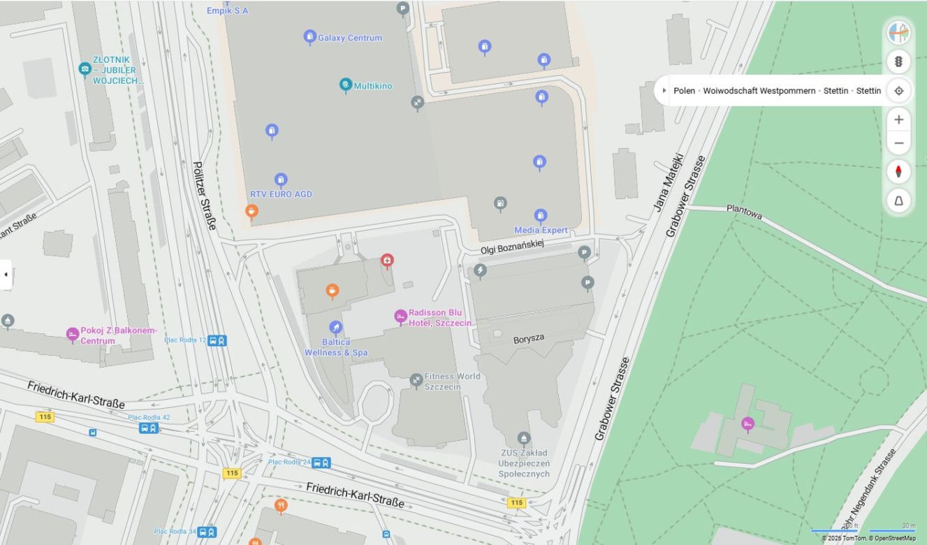 Niemieckie nazwy ulic w Szczecinie na mapach Bing