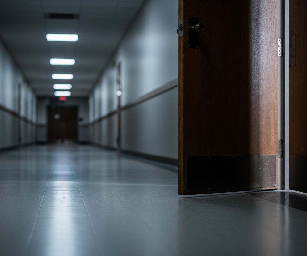 Po prawej stronie znajduje się uchylone, drewniane drzwi z ciemną, metalową klamką i okrągłą gałką. Lewa część kadru ukazuje długi korytarz z białymi ścianami i ciemniejszymi panelami na wysokości pasa, a na suficie widać rzędy prostokątnych, jarzeniowych świateł, które rzucają światło na jasną posadzkę. Podłoga odbija światło, tworząc refleksy, zwłaszcza w głębi korytarza, gdzie światło jest intensywniejsze. W oddali, na końcu korytarza, majaczy kolejna ciemna drzwi z czerwonym znakiem nad nimi.