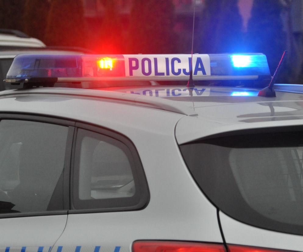 Górna część radiowozu z włączonymi sygnałami świetlnymi. O zarzutach dla agresora z Wołomina czytaj w Eska Warszawa.