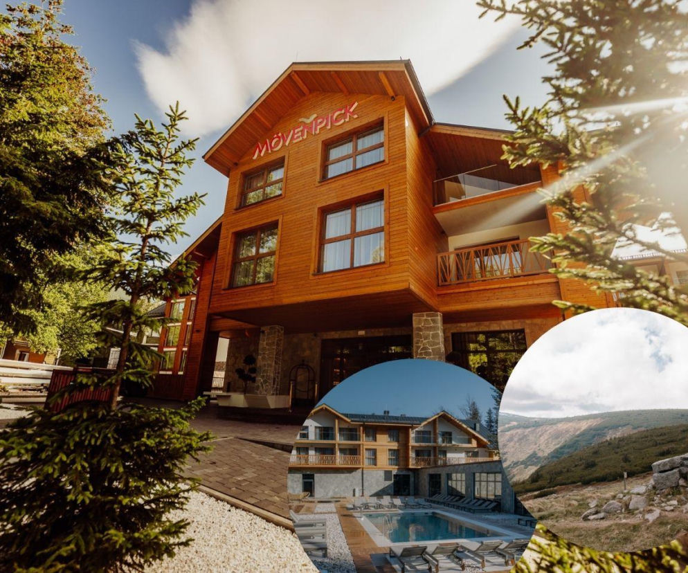 Drewniana elewacja hotelu Mövenpick w Karpaczu. Na miniaturach basen oraz góry. O luksusie w Sudetach przeczytasz w Eska.