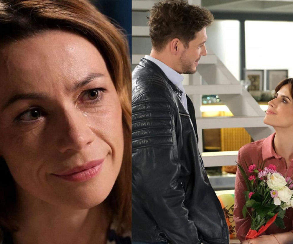 Kolaż z dwoma kadrami z M jak miłość. Po lewej Martyna (Magdalena Turczeniewicz) z łzą w oku, wyrażająca smutek. Po prawej Marcin (Mikołaj Roznerski) patrzy na Kamę (Michalina Sosna), która trzyma bukiet kwiatów i patrzy na niego z uwielbieniem. Więcej o ich losach w Super Seriale.