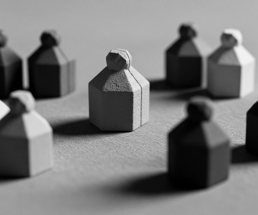 Centralnym elementem jest jasnoszary, teksturowany pionek w kształcie geometrycznej figury z zaokrągloną górą, stojący na szarym tle. Wokół niego, w dwóch rzędach, rozmieszczone są inne pionki, w przeważającej większości w ciemniejszych odcieniach szarości, niektóre są białe. Wszystkie pionki rzucają wyraźne cienie na teksturowane tło, sugerując oświetlenie z jednego kierunku, co potęguje trójwymiarowość sceny.