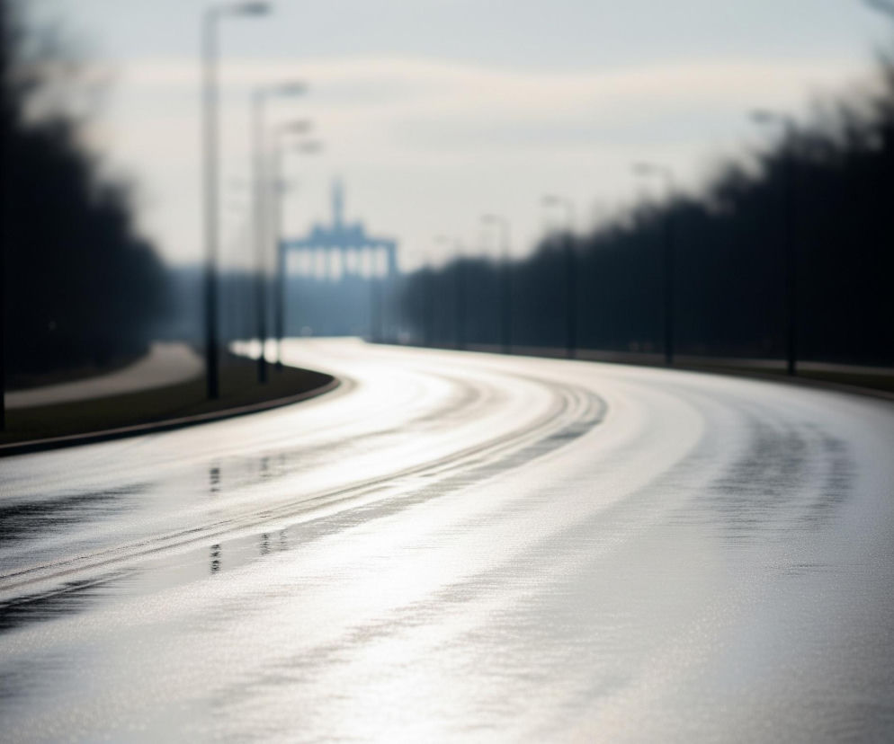 Głównym obiektem jest szeroka, mokra jezdnia, która łagodnie zakręca w prawo, a jej jasna, lśniąca powierzchnia odbija światło, rozciągając się od dołu kadru ku horyzontowi. Po obu stronach drogi widać ciemne sylwetki drzew lub krzewów, tworzące szpaler wzdłuż zakrętu. W oddali, na rozmytym tle, rysują się niewyraźne kształty budynków lub konstrukcji przemysłowych, a także rzędy wysokich latarni ulicznych, prowadzących wzdłuż jezdni. Całość oświetlona jest jasnym, rozproszonym światłem, tworzącym kontrast między lśniącą nawierzchnią a ciemnymi, rozmytymi krawędziami kadru.