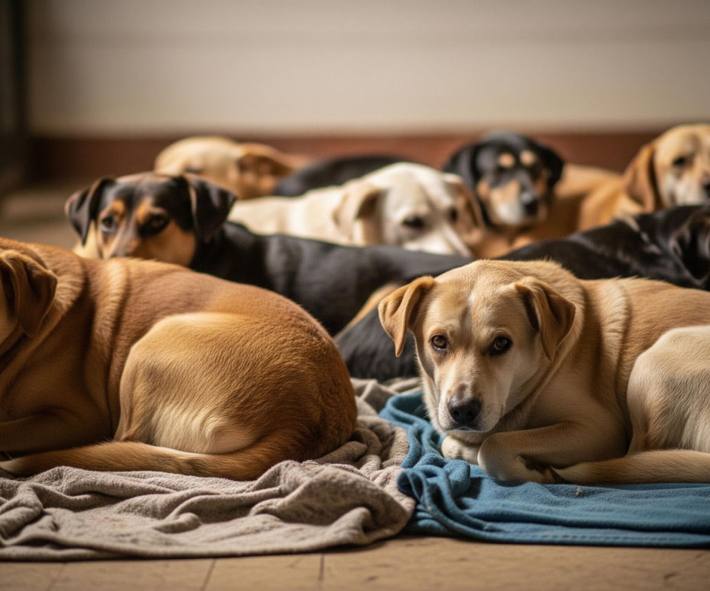 Na pierwszym planie leżą dwa psy na kocach. Po lewej stronie jest pies o brązowo-rudym futrze, leżący na beżowym kocu, z łapami ułożonymi pod sobą i głową skierowaną lekko w prawo, patrzący na widza. Po prawej stronie leży pies o jasnobrązowym futrze, na niebieskim kocu, również z łapami ułożonymi pod sobą i głową skierowaną na wprost. W tle widać grupę innych psów leżących na ziemi, częściowo niewyraźnych i różniących się umaszczeniem, w tym czarne, beżowe i brązowe. Podłoga jest drewniana, a tło ciemne i niewyraźne, sugerujące wnętrze.