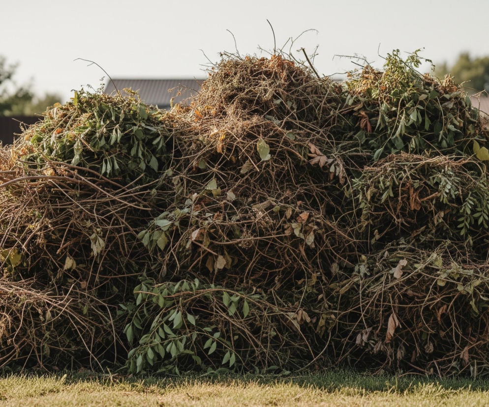Duży kopiec brązowych gałęzi, patyków i liści leży na zielonej trawie. Gałęzie są suche, cienkie i splątane, z gdzieniegdzie widocznymi zielonymi i uschniętymi liśćmi. W tle widać fragmenty domów z ciemnymi dachami, brązowy płot oraz rozmazane drzewa i krzewy. Niebo jest jasne, bezchmurne.