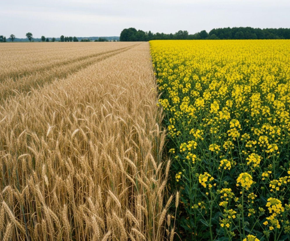 Pola uprawne z dojrzałą pszenicą po lewej i kwitnącym rzepakiem po prawej, ukazujące alternatywy dla rolników. To, jak zmienić strategię upraw, aby podnieść zyski w gospodarstwie, można przeczytać na Super Biznes.