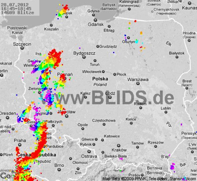 Burze w Polsce, 28.07.2012 - MAPA z godz. 16.45-18.45