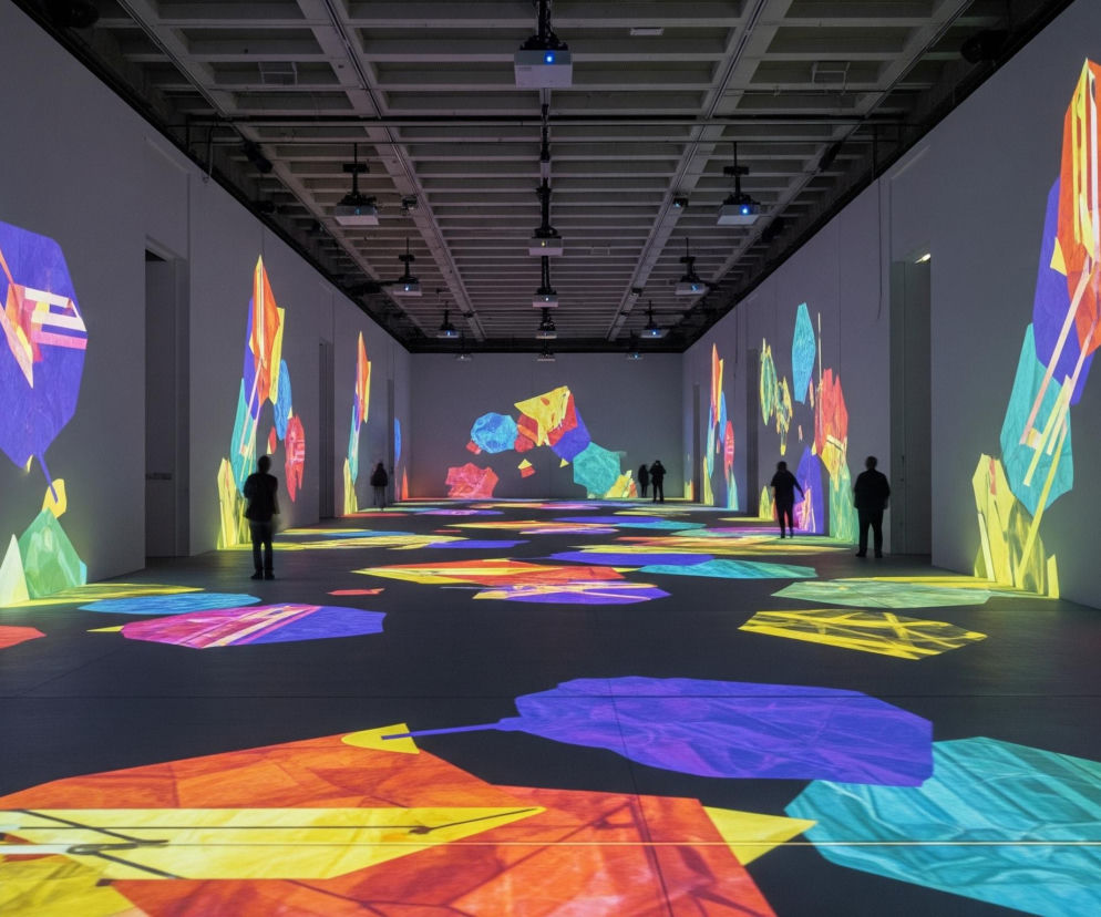 Długie, prostokątne pomieszczenie z białymi ścianami i ciemną podłogą, rozświetlone przez kolorowe projekcje. Geometryczne kształty, przypominające kryształy, w odcieniach czerwieni, pomarańczy, żółci, zieleni, błękitu i fioletu, pokrywają ściany i podłogę, tworząc immersyjną instalację. Pośrodku i w oddali widać kilka niewyraźnych sylwetek ludzi, obserwujących otoczenie. Na suficie widoczne są kratownice i liczne projektory, z których emitowane są te świetlne wzory.