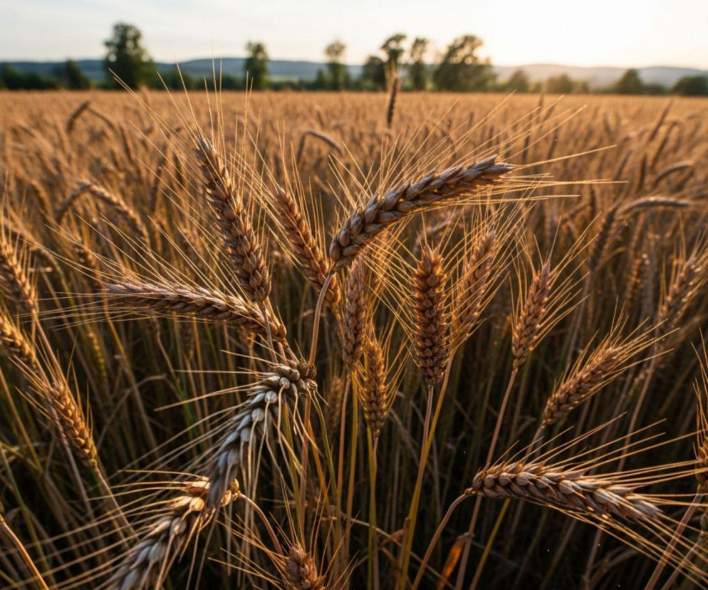 Kłosy starej odmiany zboża na polu, podświetlone zachodzącym słońcem, symbolizujące powrót do tradycyjnych upraw ekologicznych. Temat ten szeroko omawia portal Super Biznes, przedstawiając korzyści finansowe i środowiskowe dla rolników.