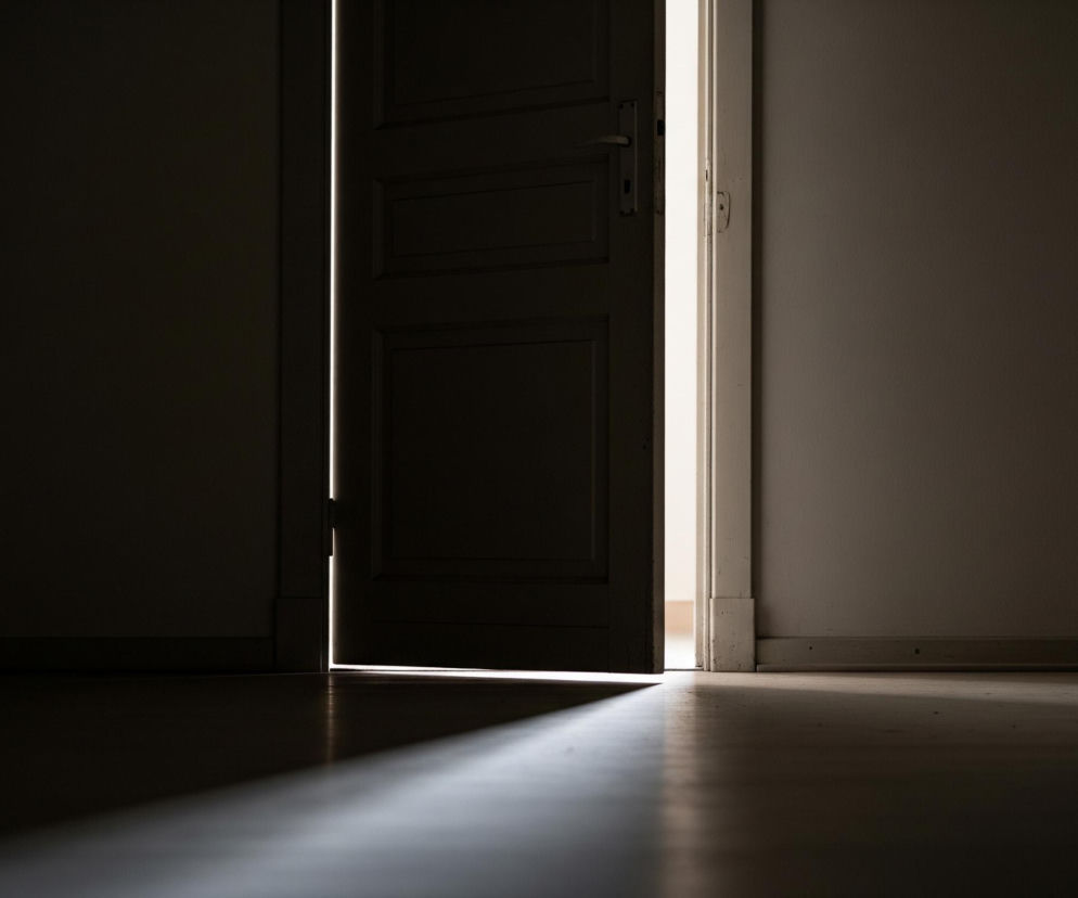 Ciemne pomieszczenie rozświetla wąski strumień światła wpadający przez uchylone, brązowe drzwi. Drzwi z wyraźnymi panelami i klamką pośrodku tworzą pionowy, ciemny element. Promień światła zza drzwi pada ukośnie na podłogę, tworząc jasną smugę na drewnianym parkiecie. Po prawej stronie widoczna jest jasna framuga drzwiowa i fragment ściany w ciepłym odcieniu.