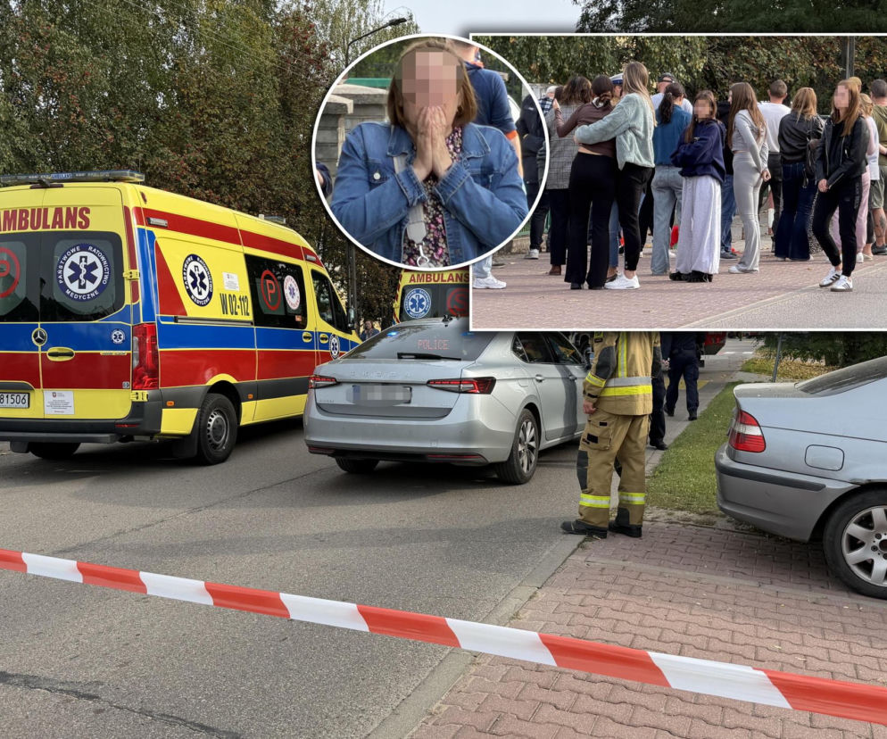 Karetka i strażak przed szkołą. Na miniaturach zrozpaczona kobieta i tłum ludzi. O ataku przeczytasz na Eska Warszawa.