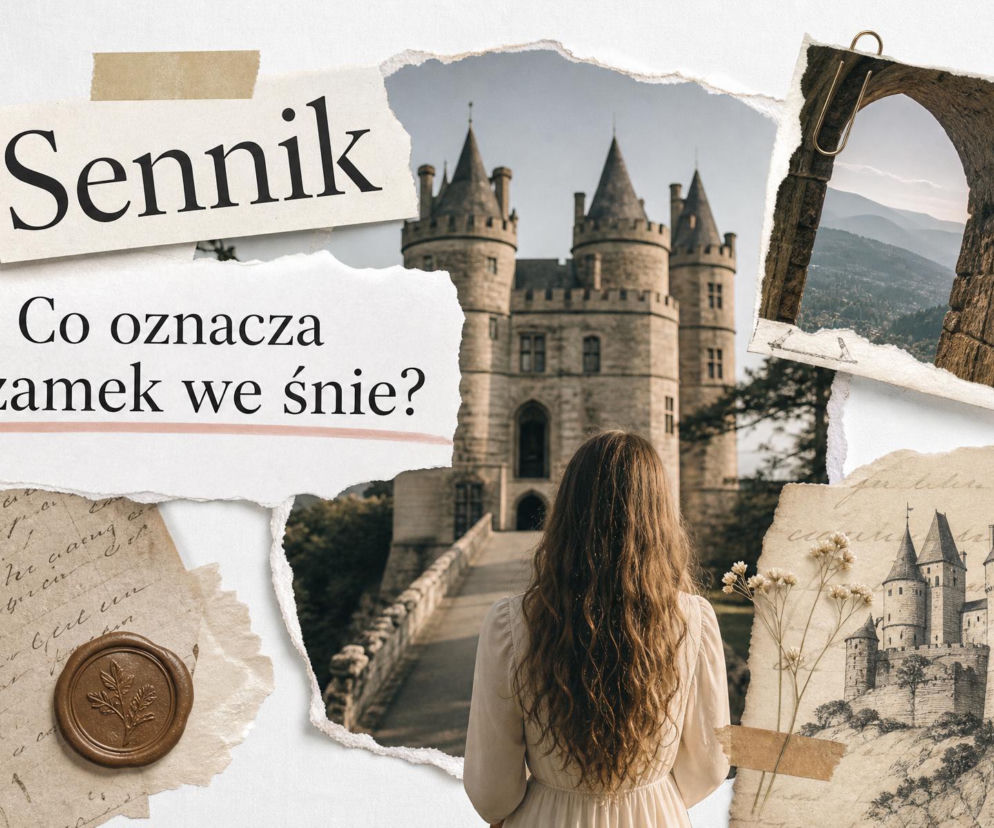 Kobieta patrząca na zamek i napisy z sennika. O znaczeniu snu o zamku przeczytasz na SE.