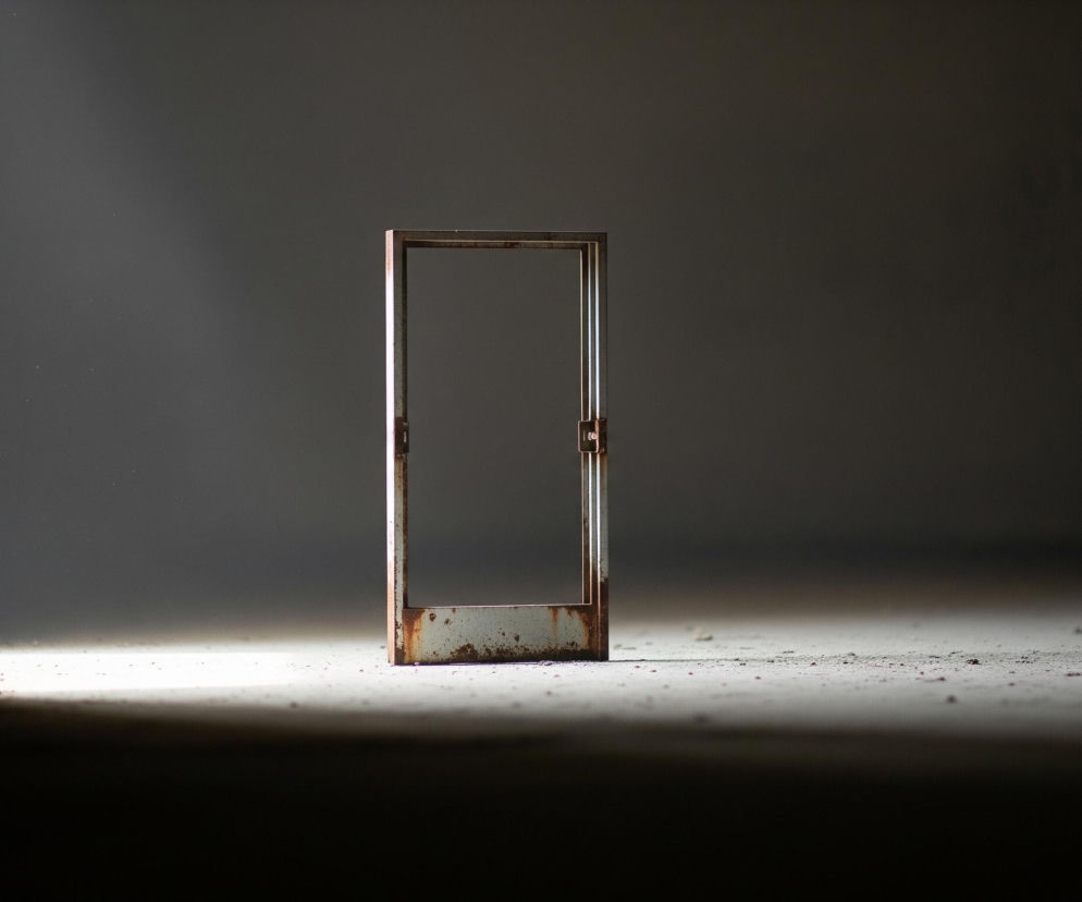 W centrum kadru stoi pionowa, prostokątna metalowa rama, wyraźnie skorodowana, z licznymi rdzawymi plamami na jasnoszarej powierzchni. Po lewej stronie widać pionowy pas jasnego światła wpadającego zza ciemnego obramowania, tworzącego ostre cienie na podłodze, na której rozsypane są drobne, ciemne cząstki. Tło stanowi ciemnoszara, jednolita ściana, natomiast podłoga jest jaśniejsza w miejscu, gdzie pada światło, i ciemnieje w oddali.