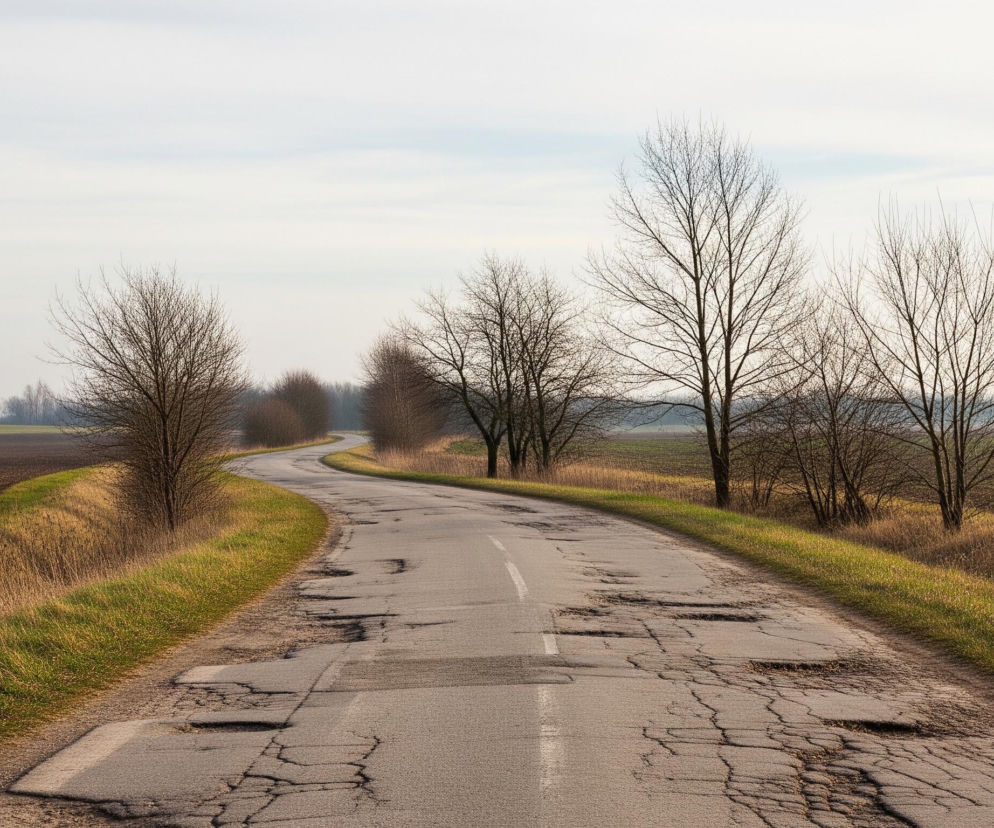 Kręta asfaltowa droga o popękanej nawierzchni z licznymi dziurami biegnie przez środek kadru, widoczne są na niej fragmenty białej linii. Po obu stronach drogi rozciągają się pasy jasnozielonej i suchej, brązowej trawy, a za nimi pola uprawne, jedne świeżo zaorane, drugie z niską zieloną roślinnością. Wzdłuż drogi rośnie rząd bezlistnych drzew o nagich, ciemnych gałęziach, a w oddali majaczą zarysy dalszych drzew. Górną część obrazu wypełnia jasne, lekko zachmurzone niebo o odcieniach bieli i błękitu.