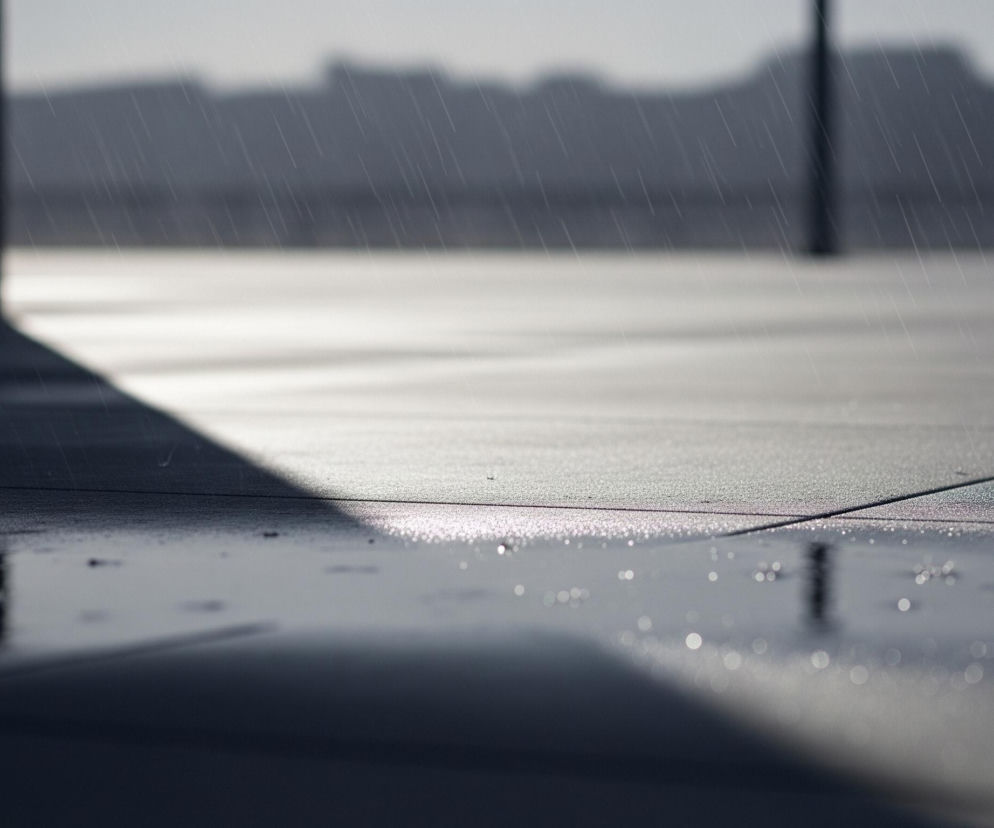 Na pierwszym planie widoczna jest mokra, ciemnoszara powierzchnia, na której błyszczą liczne krople wody, tworząc efekt bokeh. Na tej powierzchni leży kałuża, odbijająca fragmenty jasnego otoczenia. W tle rozmyty jest ciemny, horyzontalny pas, przypominający zarys budynków, nad którym widoczne są smugi deszczu. Cały obraz utrzymany jest w odcieniach szarości i błękitu, z kontrastem między ciemnym pierwszym planem a jaśniejszym tłem.