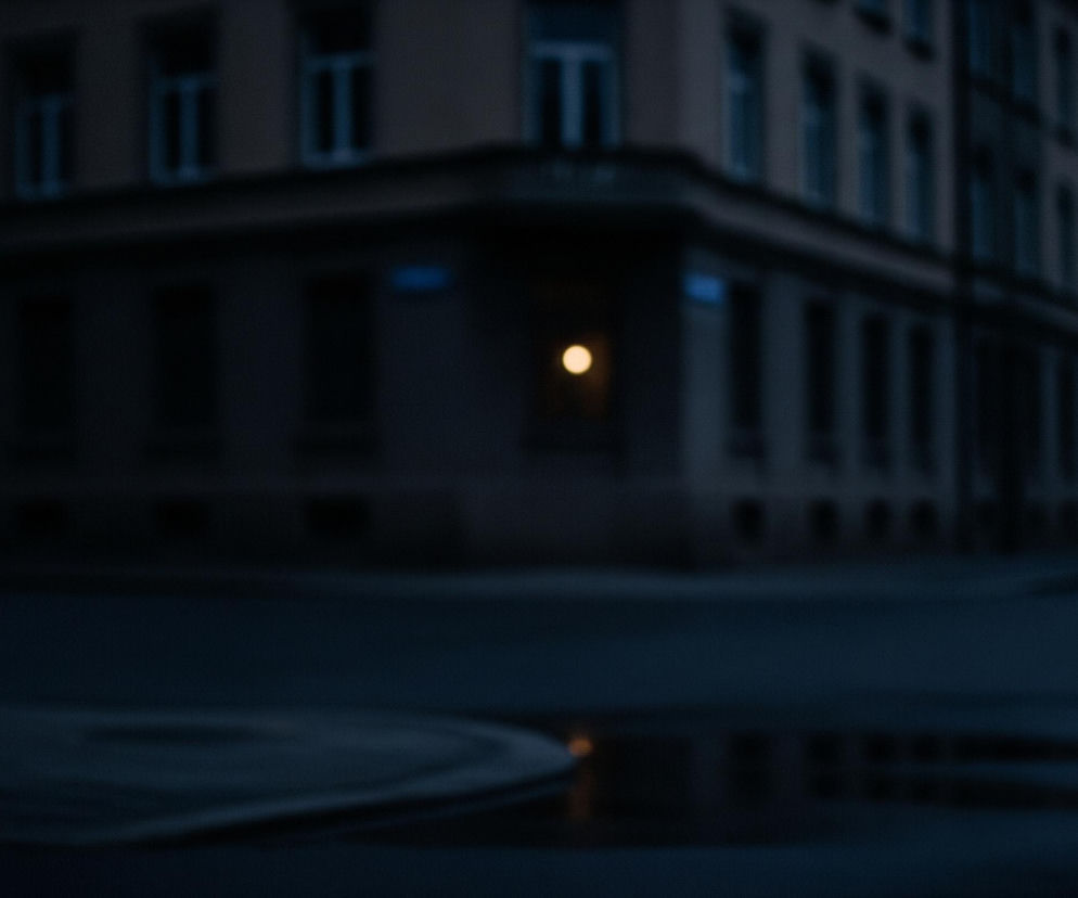 Niejasne ujęcie narożnego budynku o szarej fasadzie, z widoczną jedną żółtą plamą światła z okna na parterze. Na drugim planie, za budynkiem, widać ciemne drzewa i fragment jasnego nieba. W prawym dolnym rogu znajduje się duża kałuża na ulicy, w której odbija się światło z okna. Całość jest ciemna i rozmyta, dominują odcienie szarości i granatu.