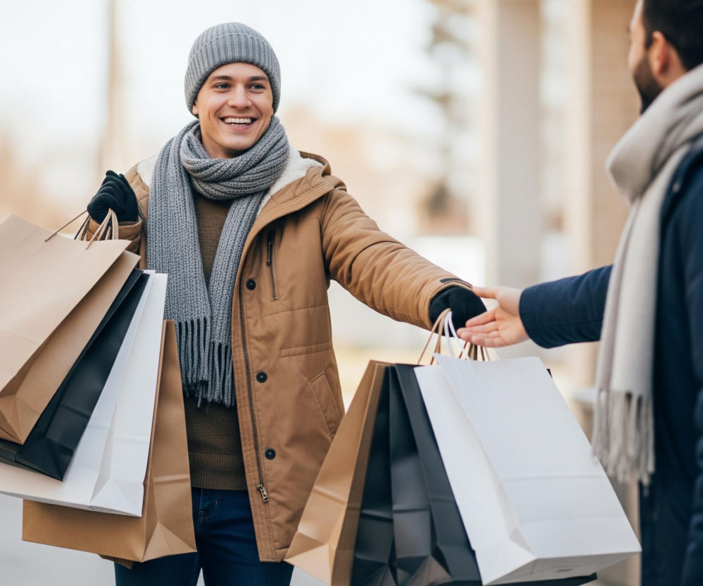 Dwóch mężczyzn w zimowych ubraniach stoi na zewnątrz, a jeden z nich podaje drugiemu torby na zakupy. Mężczyzna po lewej stronie, ubrany w brązową kurtkę, szary szalik i czapkę, uśmiecha się i trzyma w obu rękach liczne torby na zakupy w kolorach brązowym, czarnym i białym. Drugi mężczyzna po prawej, ubrany w ciemną kurtkę i jasny szalik, wyciąga rękę po torby. Tło jest rozmyte, z widocznymi zarysami budynków i drzew.