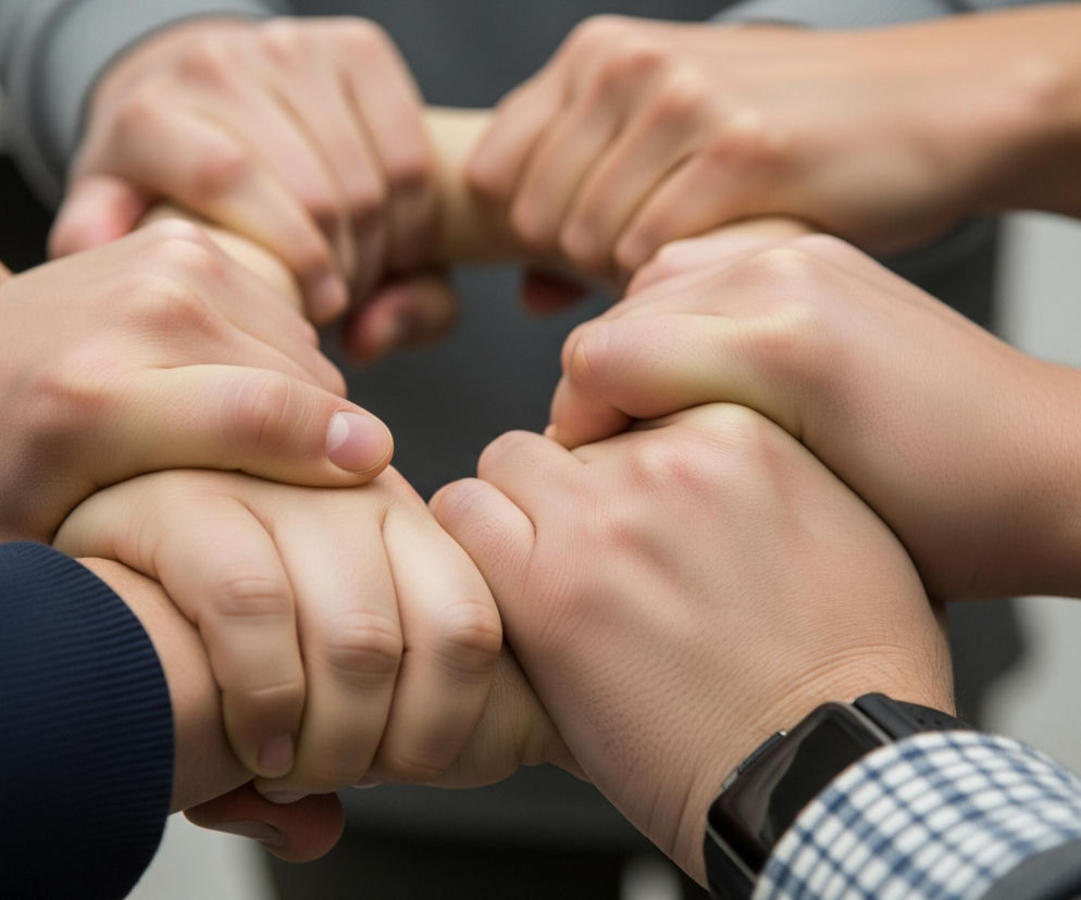 Cztery osoby złączają ręce w centralnym punkcie kadru, tworząc swego rodzaju okrąg z ramion. Ich dłonie są splecione w uścisk, a kolory ubrań na rękach różnią się, w tym widoczne są fragmenty ciemnoniebieskiego rękawa, szarego swetra oraz koszuli w biało-niebieską kratę. W tle znajduje się rozmyty obszar, głównie w ciemnych i jasnoszarych tonacjach.