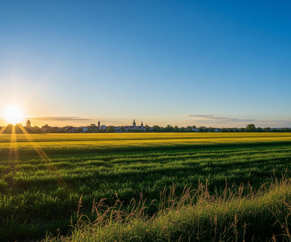 Większość kadru zajmuje rozległe pole uprawne podzielone na dwie główne części: bliżej, ciemnozielone pasy młodych roślin, a dalej, szeroki pas intensywnie żółtych kwiatów. Po lewej stronie horyzontu intensywne, złociste światło zachodzącego słońca rozlewa się po niebie, tworząc długie promienie, które przecinają żółte pole. Na dalszym planie, wzdłuż horyzontu, widać zarysy niewielkiej miejscowości z kilkoma ciemnymi wieżami kościołów, otoczonej drzewami i błękitnym niebem. Na pierwszym planie po prawej stronie rośnie wysoka, sucha trawa, częściowo oświetlona ciepłym światłem.