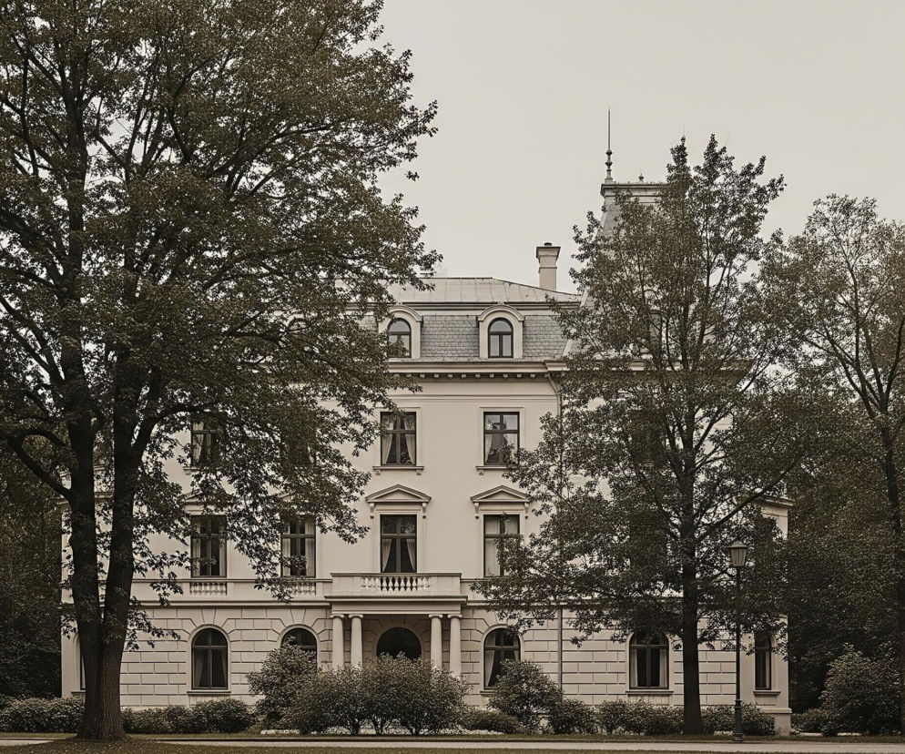 Duży, klasyczny budynek o jasnej elewacji znajduje się w centrum kadru, otoczony gęstym zadrzewieniem. Budynek posiada trzy kondygnacje, z licznymi prostokątnymi oknami na wyższych piętrach i zaokrąglonymi na parterze. Na drugim poziomie znajduje się balkon z balustradą wsparty na kolumnach, a dach jest szary z lukarnami i iglicą. Po obu stronach budynku rosną wysokie drzewa o rozłożystych koronach i ciemnych liściach, tworzące naturalne ramy dla budowli, a przed budynkiem widoczne są krzewy i trawnik.