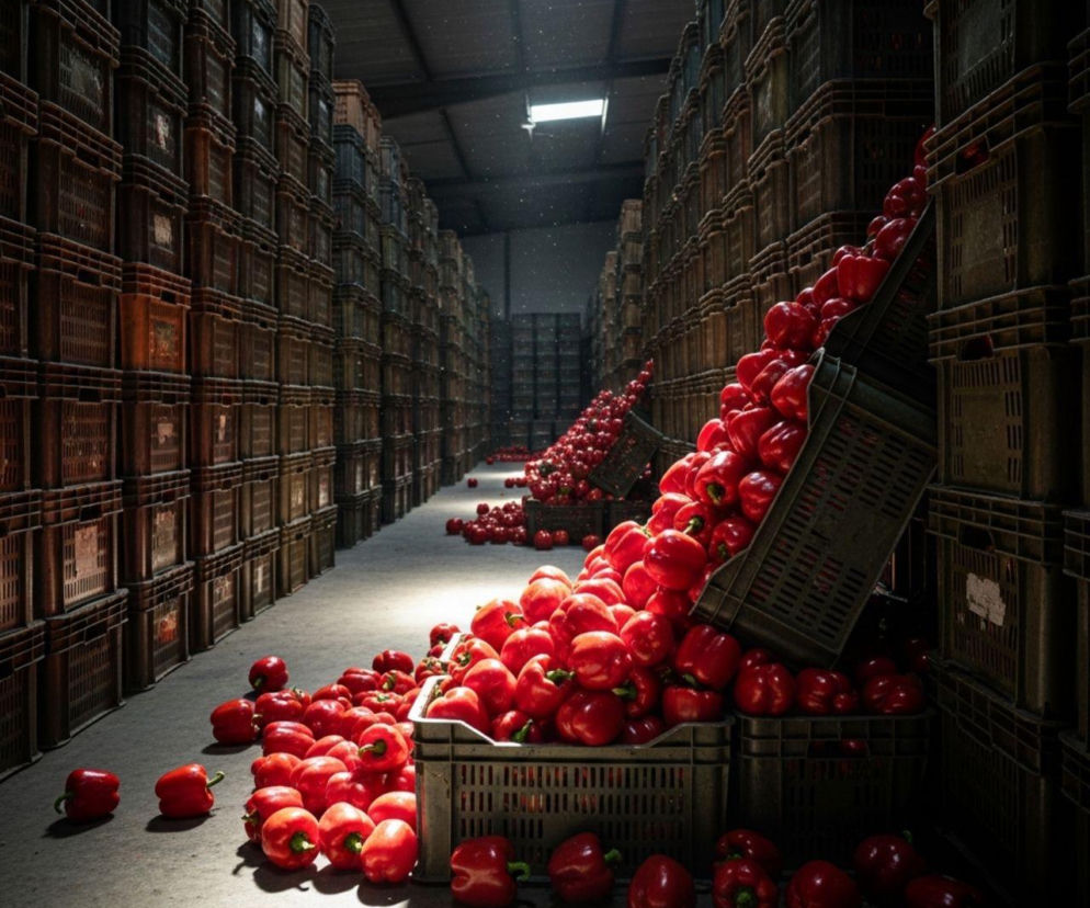 Czerwone papryki wysypujące się ze skrzynek w magazynie, symbolizujące nadpodaż i kryzys na rynku warzyw. O przyczynach niskich cen i wsparciu dla rolników przeczytasz na portalu Super Biznes.