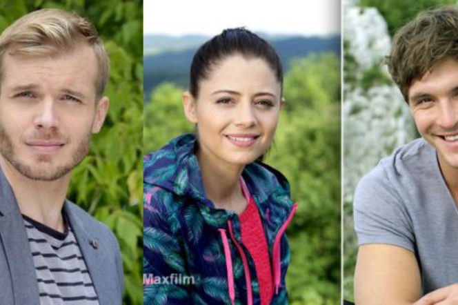 M jak miłość. Iza (Adriana Kalska), Marcin (Mikołaj Roznerski), Artur (Tomasz Ciachorowski)